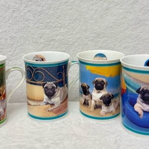 Four Purely Pugs Porcelain Collector Mugs" collection by the Danbury Mint.